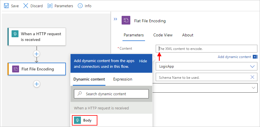 Screenshot des Standardworkflow-Designers und der Eigenschaft „Inhalt“ mit dynamischer Inhaltsliste und zur Codierung ausgewähltem Inhalt.