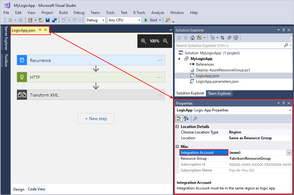 Screenshot: Das Eigenschaftenfenster und die als „Integrationskonto“ benannte Eigenschaft.