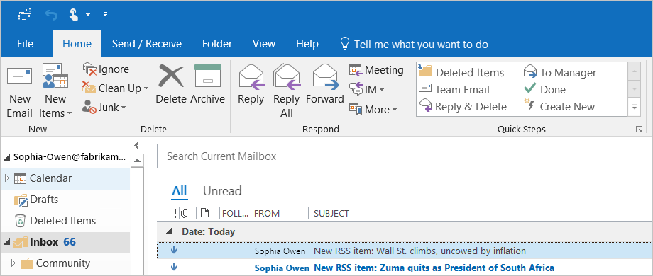 Screenshot einer Outlook-Beispiel-E-Mail, die für jedes neue RSS-Element gesendet wird