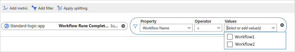 Screenshot, der das Beispiel eines hinzugefügten Metrikfilters für die Standard-Logik-App zeigt.