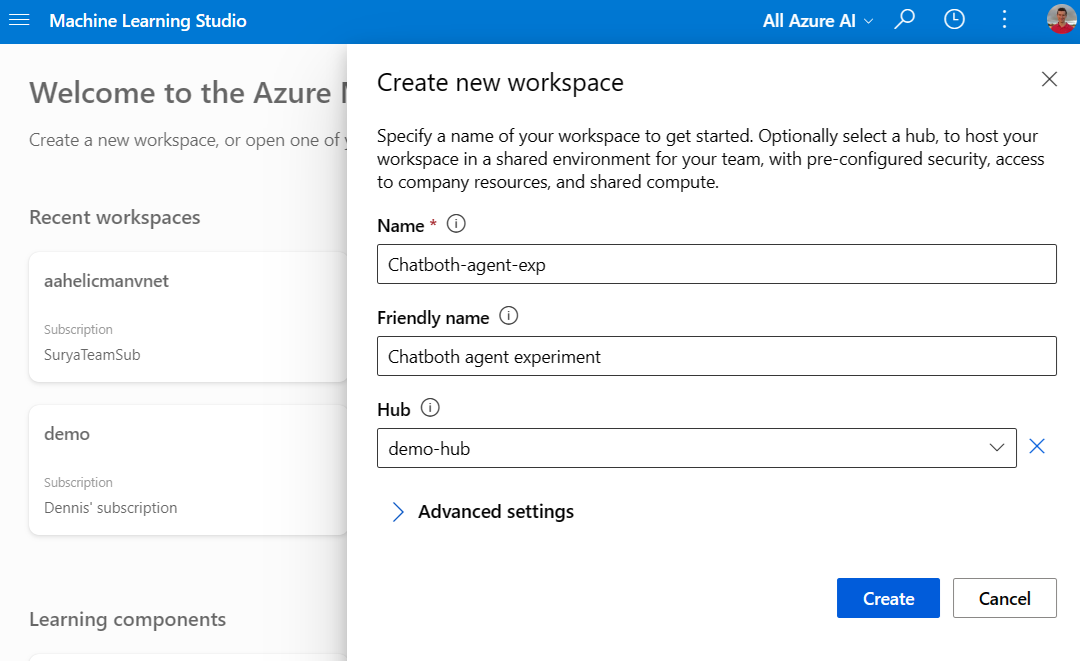 Screenshot der Erstellung eines Arbeitsbereichs mithilfe eines Hubs in Azure Machine Learning Studio