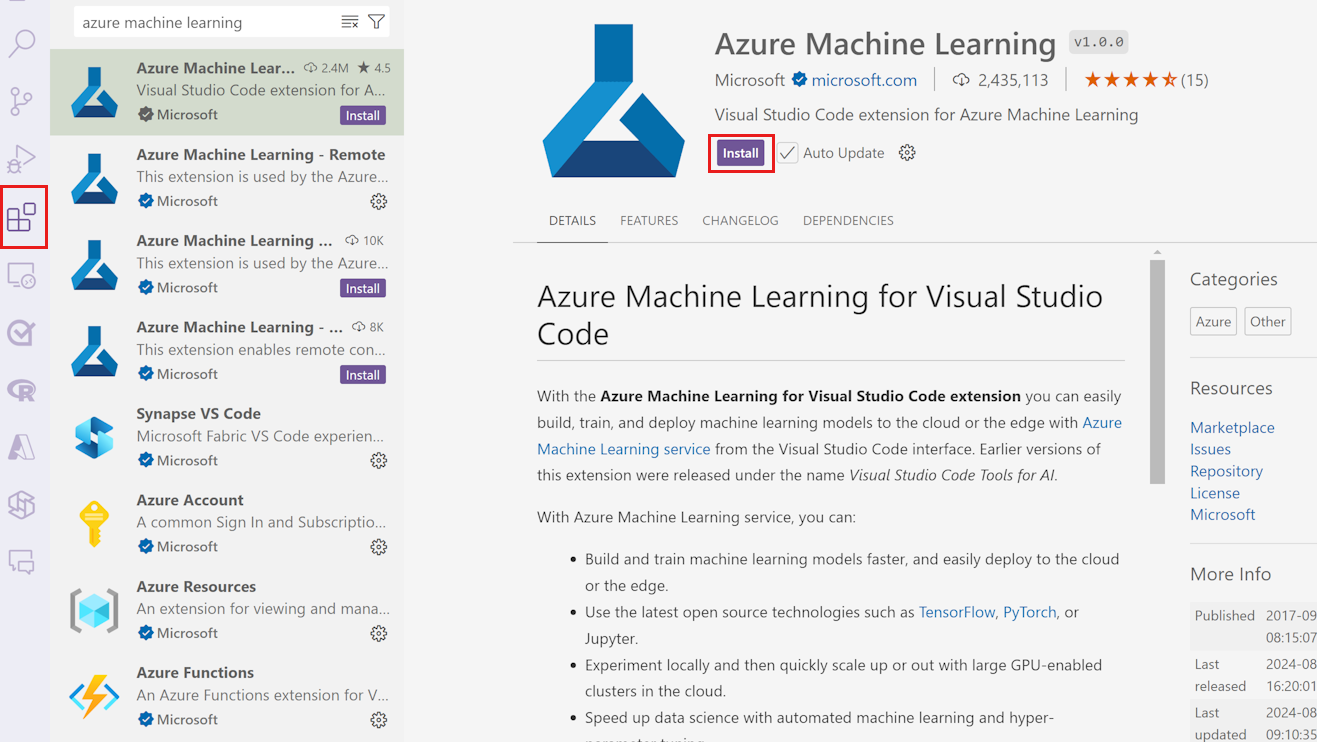 Installieren der Azure Machine Learning-Erweiterung für VS Code