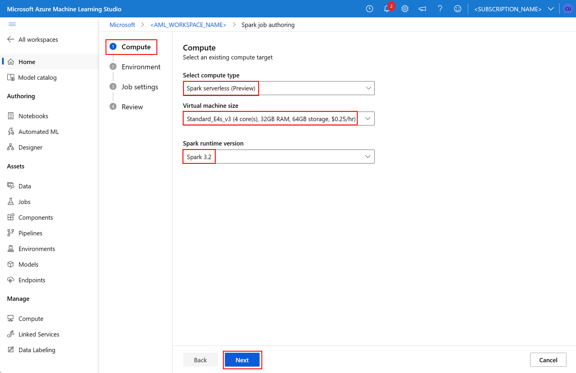 Screenshot: Bildschirm für die Computeauswahl für einen neuen Spark-Auftrag in der Benutzeroberfläche von Azure Machine Learning Studio