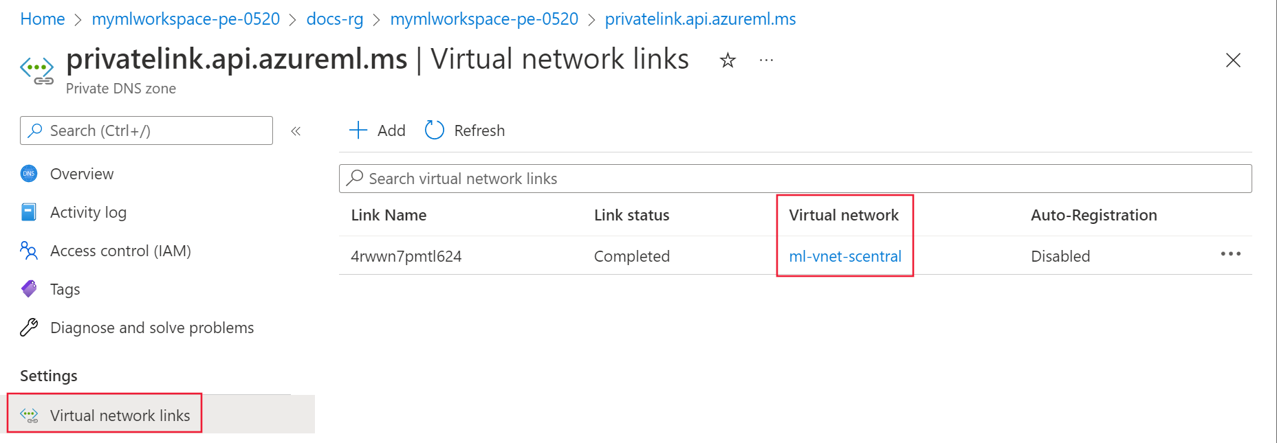 Screenshot: Virtuelle Netzwerkverbindungen für die private DNS-Zone