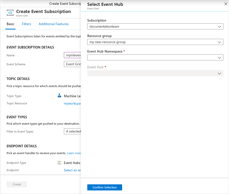 Screenshot: Bereich „Ereignisabonnement erstellen“ mit geöffnetem Fenster „Event Hub-Instanz auswählen“