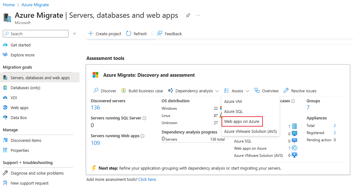 Screenshot der Dropdownliste zur Auswahl des Bewertungstyps „Web-Apps in Azure“