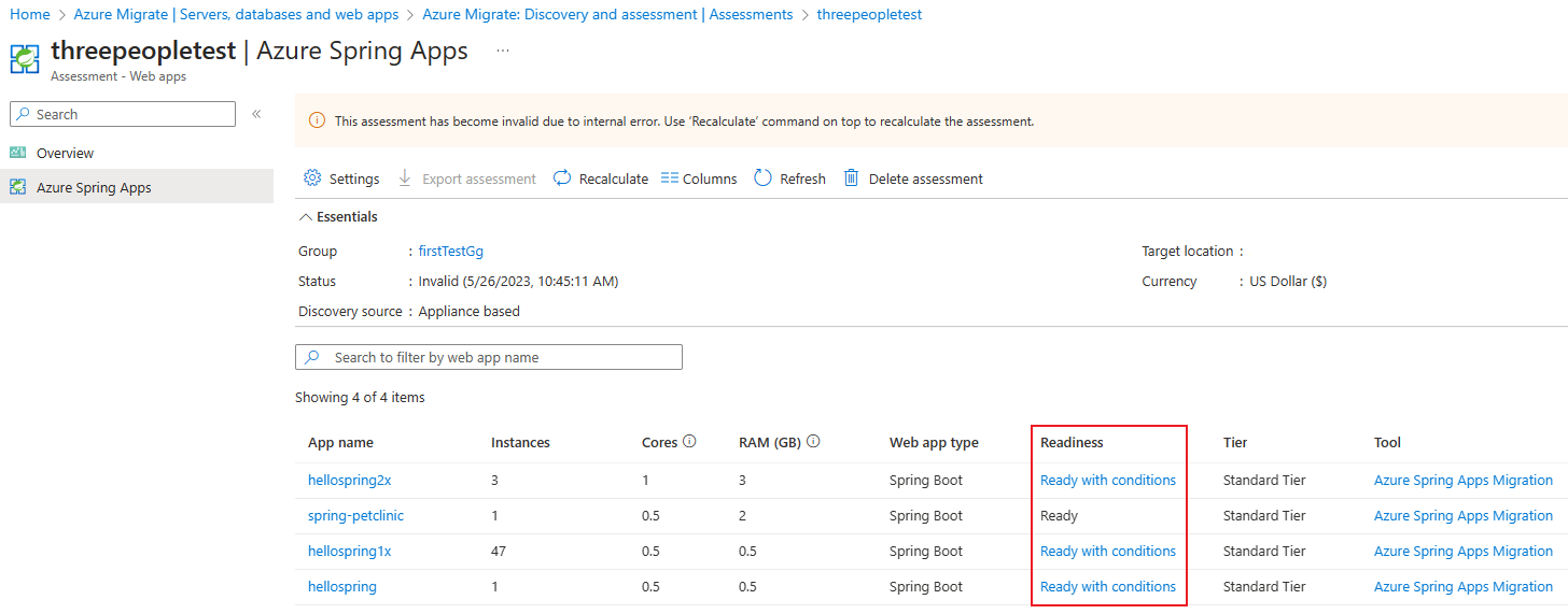 Screenshot der Details zur Azure Spring Apps-Bereitschaft