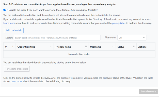 Screenshot: Bereitstellen von Anmeldeinformationen für die Softwareinventur und Abhängigkeitsanalyse