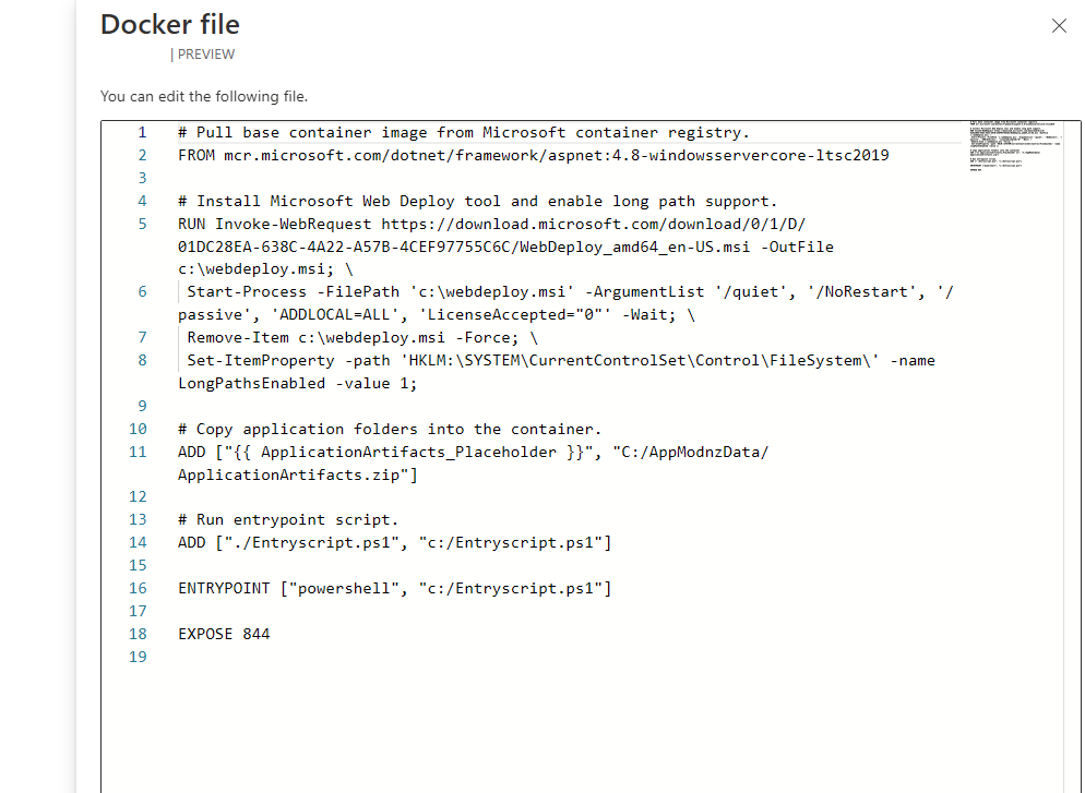 Screenshot des Docker-Datei-Editors in den Zieleinstellungen.