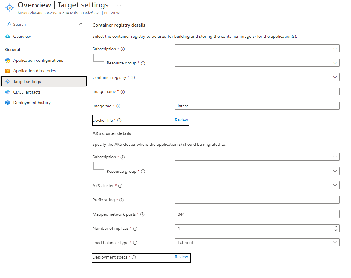 Screenshot der Zieleinstellungen in der Zielressource.