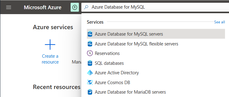 Screenshot: Suchen und Auswählen einer Instanz von „Azure Database for MySQL – flexibler Server“ im Azure-Portal.