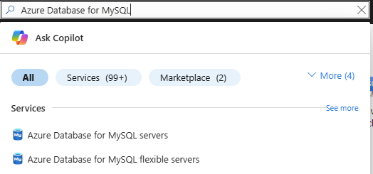 Screenshot: Suchen nach „Azure Database for MySQL-Server“