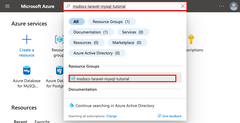 Screenshot: Suchen nach einer Ressourcengruppe und Navigieren zu einer Ressourcengruppe im Azure-Portal