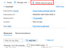 Screenshot: Position der Schaltfläche „Ressourcengruppe löschen“ im Azure-Portal.