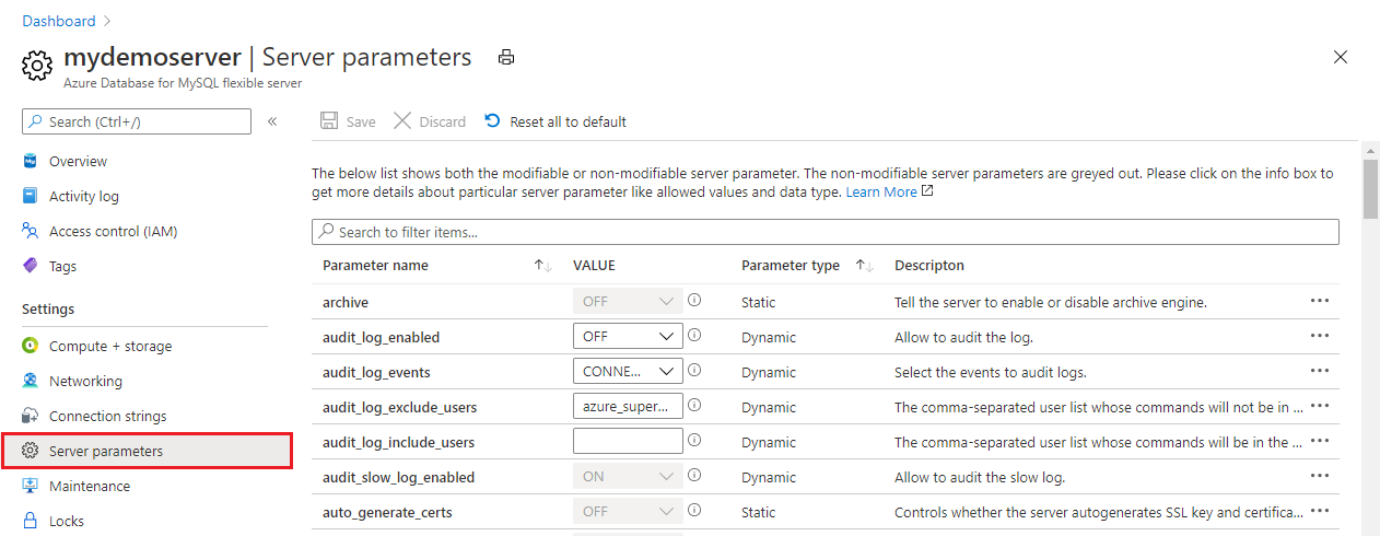 Screenshot: Liste „Serverparameter“