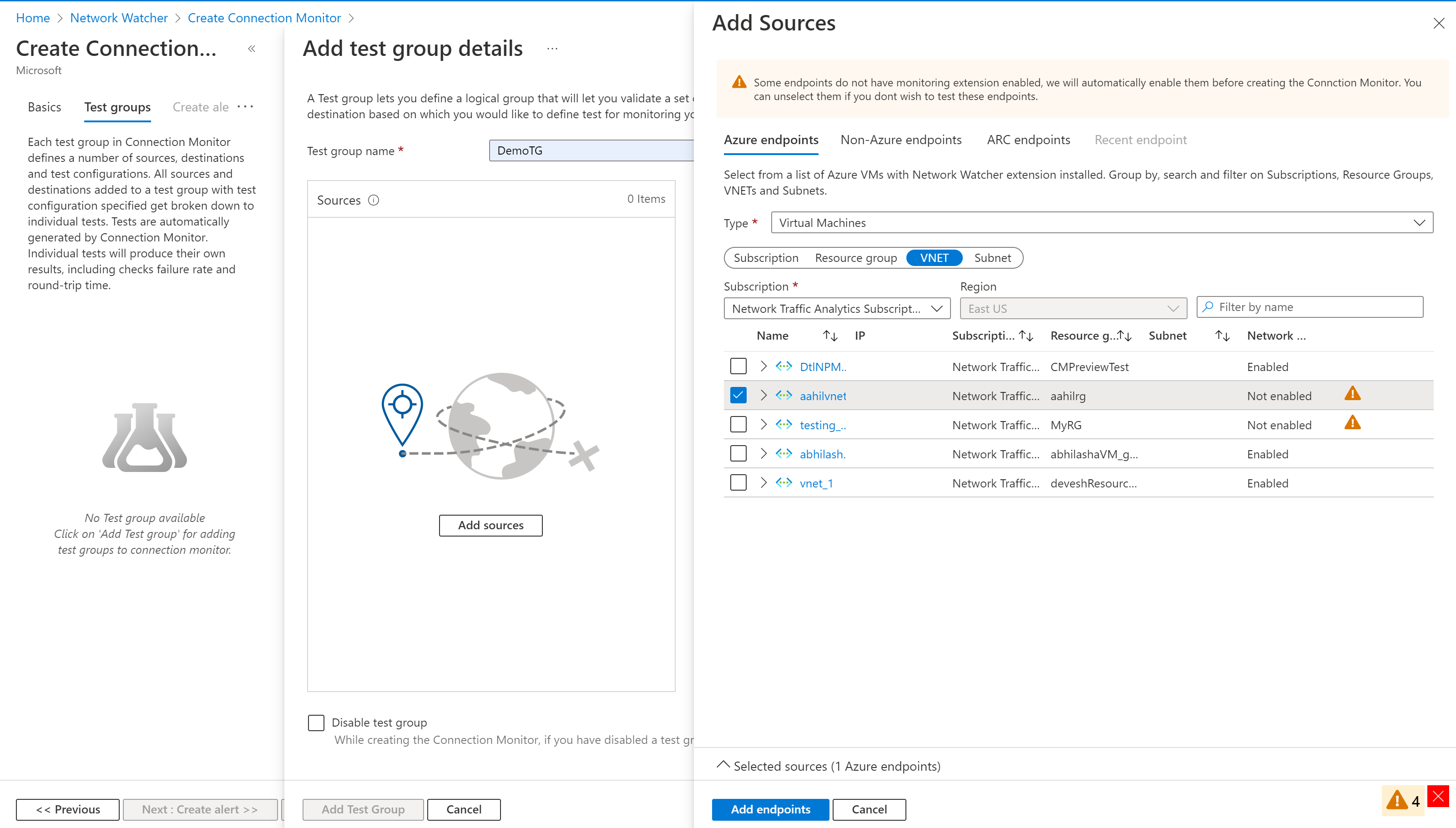 Screenshot der Bereiche „Quellen hinzufügen“ und „Nicht-Azure-Endpunkte“ in Verbindungsmonitor mit einheitlicher Aktivierung