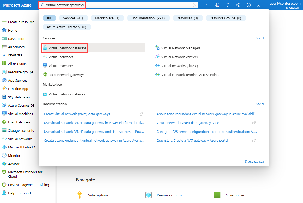 Screenshot zeigt die Suche nach virtuellen Netzwerkgateways im Azure-Portal.