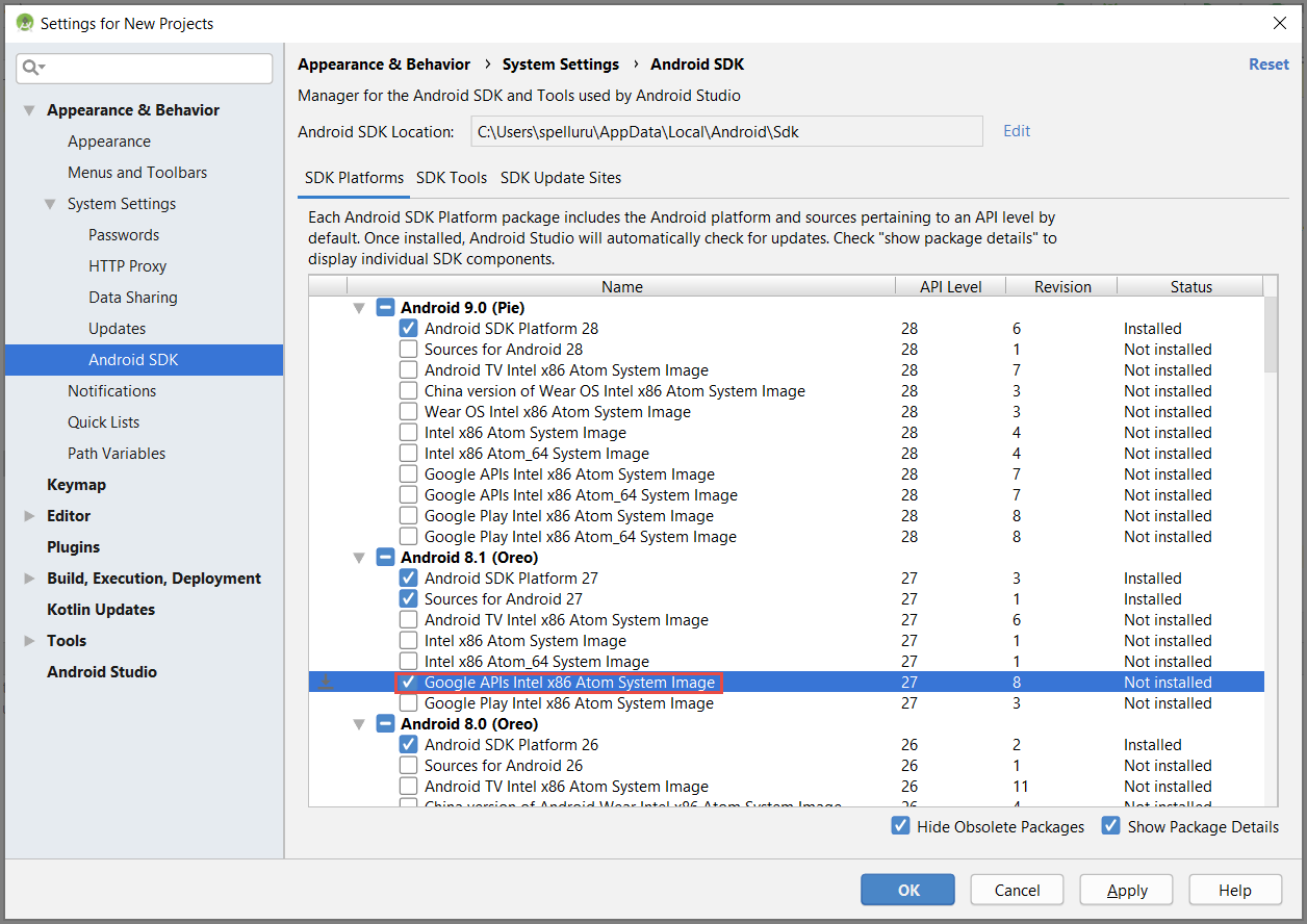 Android SDK Manager – „Google-APIs“ ausgewählt