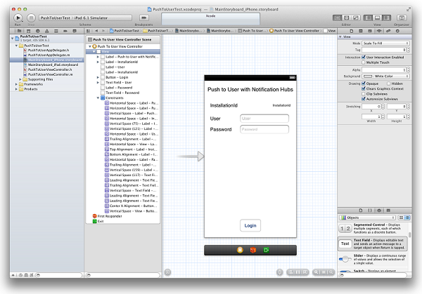 Screenshot der MainStoryboard_iPhone.storyboard-App mit den hinzugefügten Komponenten.