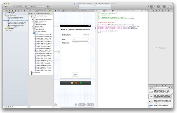 Screenshot des Assistenten-Editors in der MainStoryboard_iPhone.storyboard-App