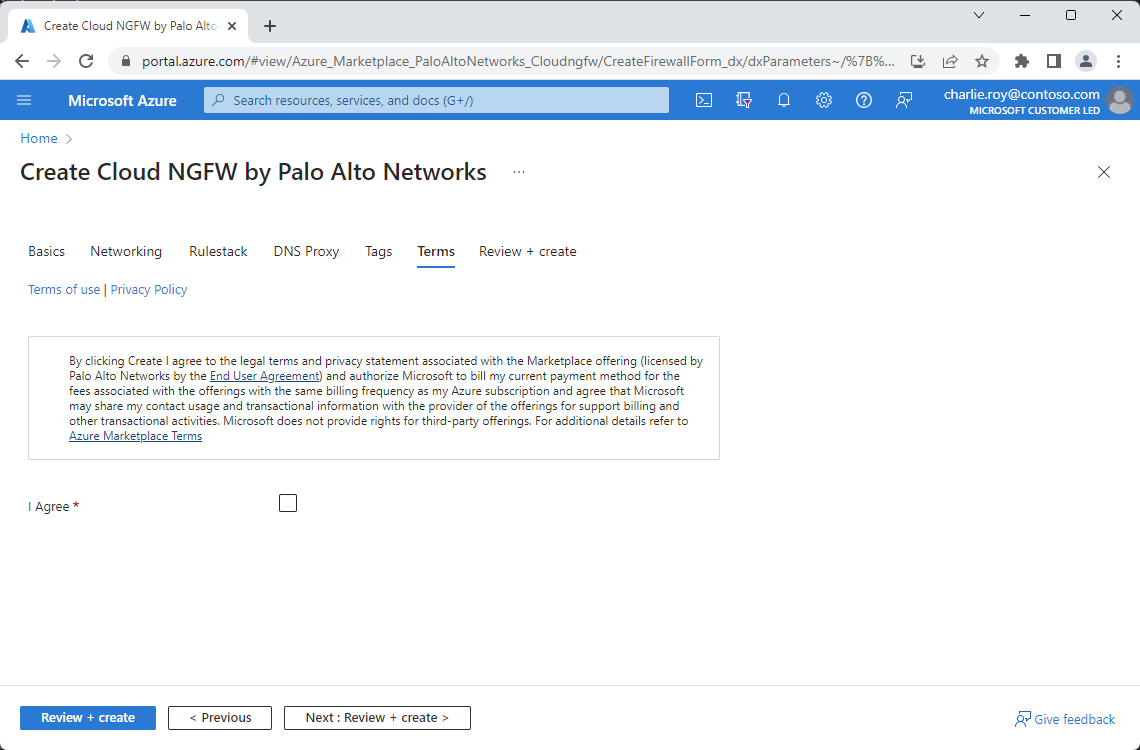 Screenshot mit dem Bereich „Nutzungsbedingungen“ in der Palo Alto Networks-Erstellungsumgebung