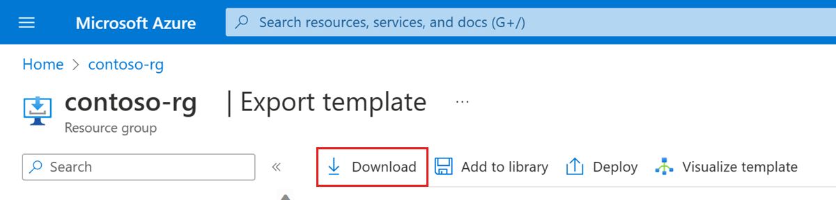 Screenshot des Azure-Portals mit der Option zum Herunterladen einer Vorlage.