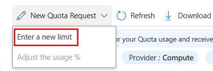 Screenshot: Option „Neuen Grenzwert eingeben“ unter „Meine Kontingente“ im Azure-Portal