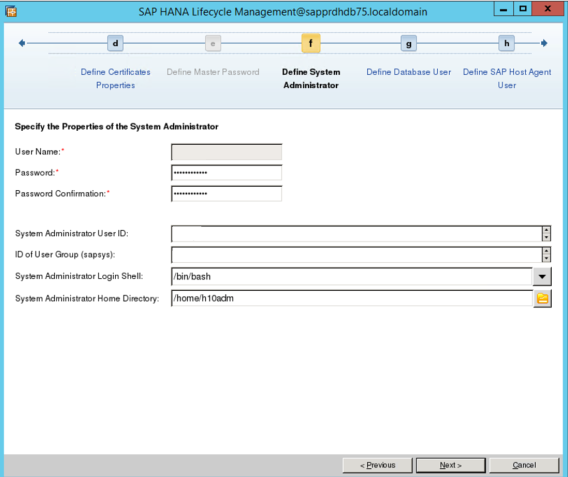 Screenshot des Bildschirms „SAP HANA Lifecycle Management“ mit zu definierenden Systemadministratorfeldern