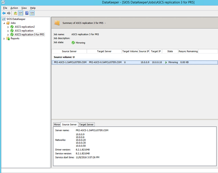 Die synchrone Spiegelung von DataKeeper für den neuen gemeinsamen SAP ASCS/SCS-Datenträger ist aktiv.