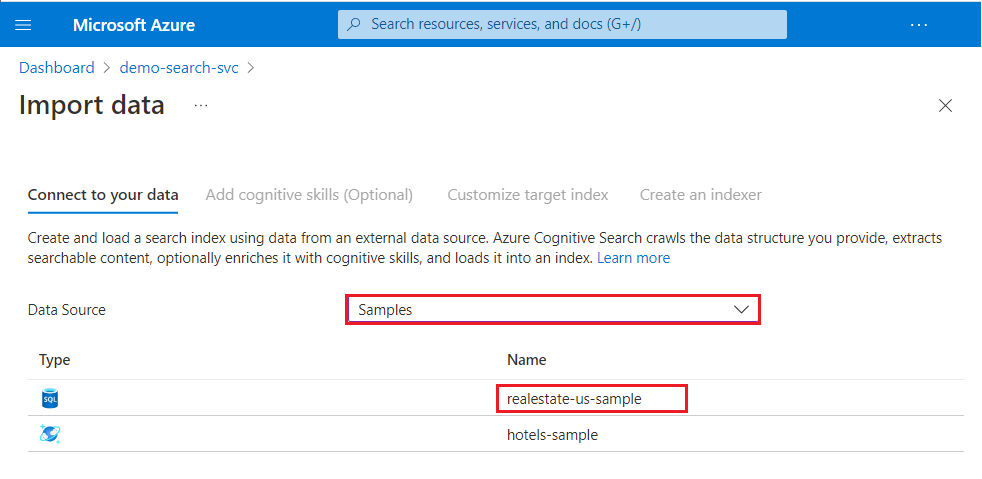 Screenshot der Beispieldatasets, die im Datenimport-Assistenten verfügbar sind