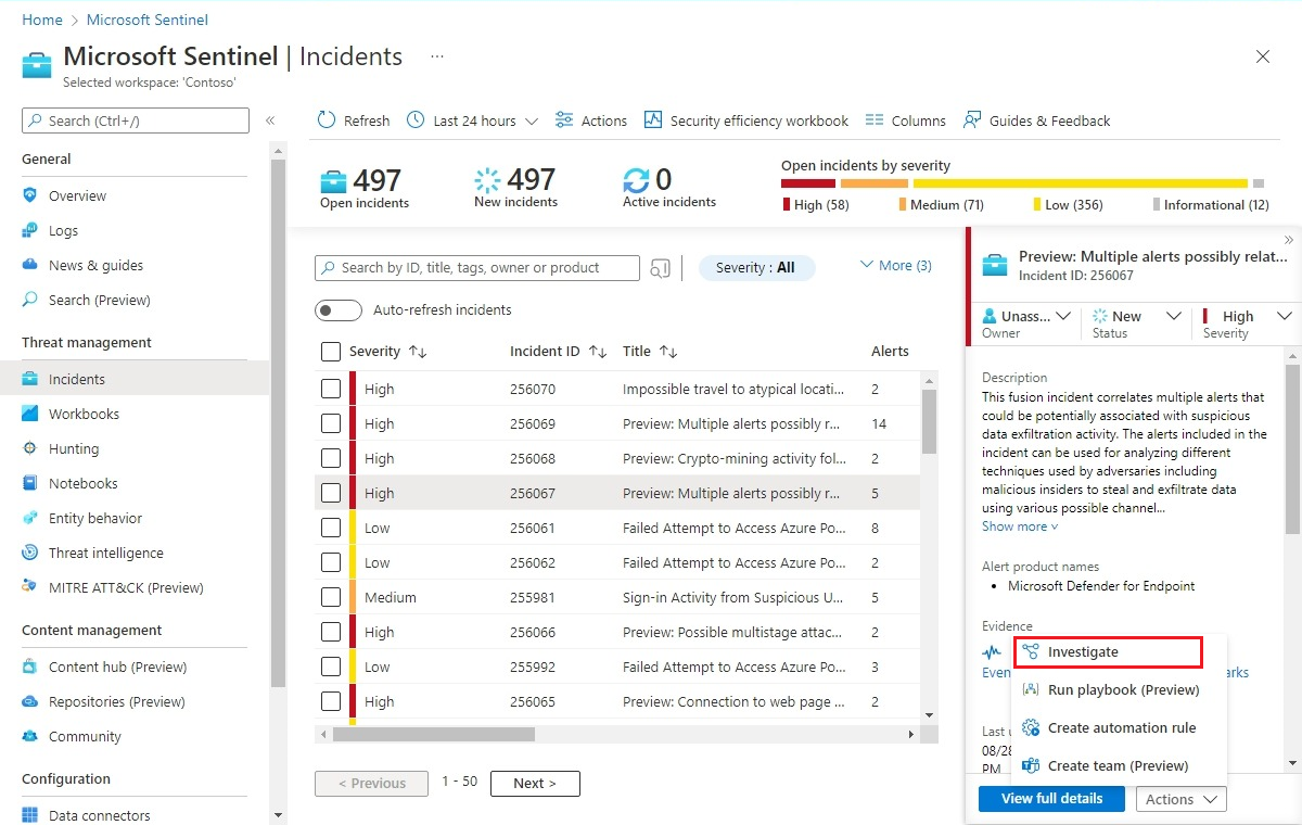 Screenshot: Auswählen eines Incident aus der Liste, der untersucht werden soll