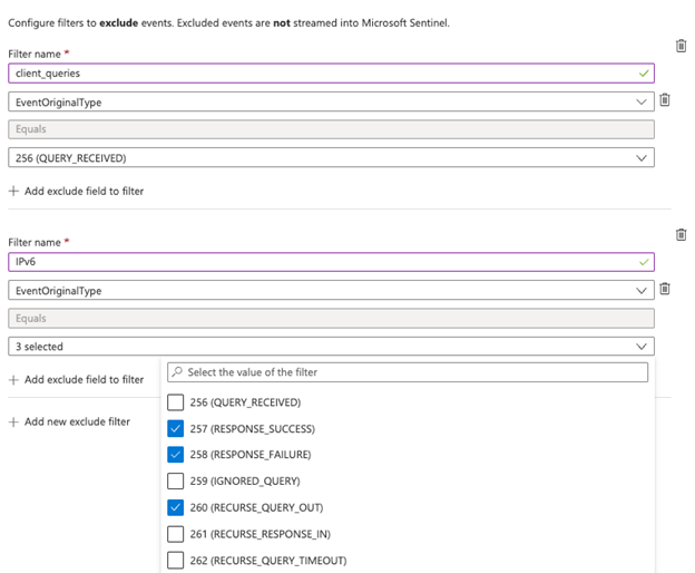 Screenshot: Herausfiltern von Ereignis-IDs für den Connector „Windows DNS-Ereignisse über AMA“