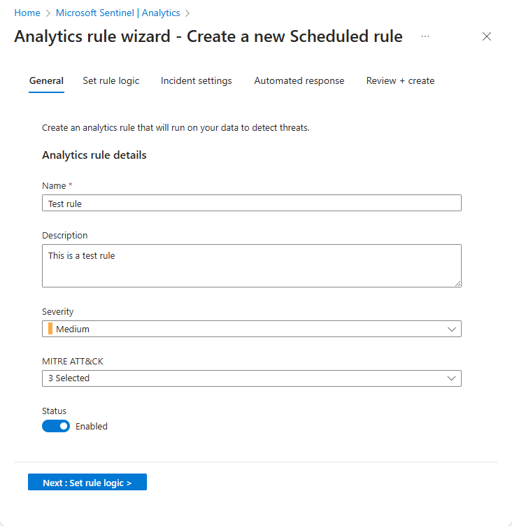 Screenshot des Startbildschirms des Assistenten für Analyseregeln im Azure-Portal.