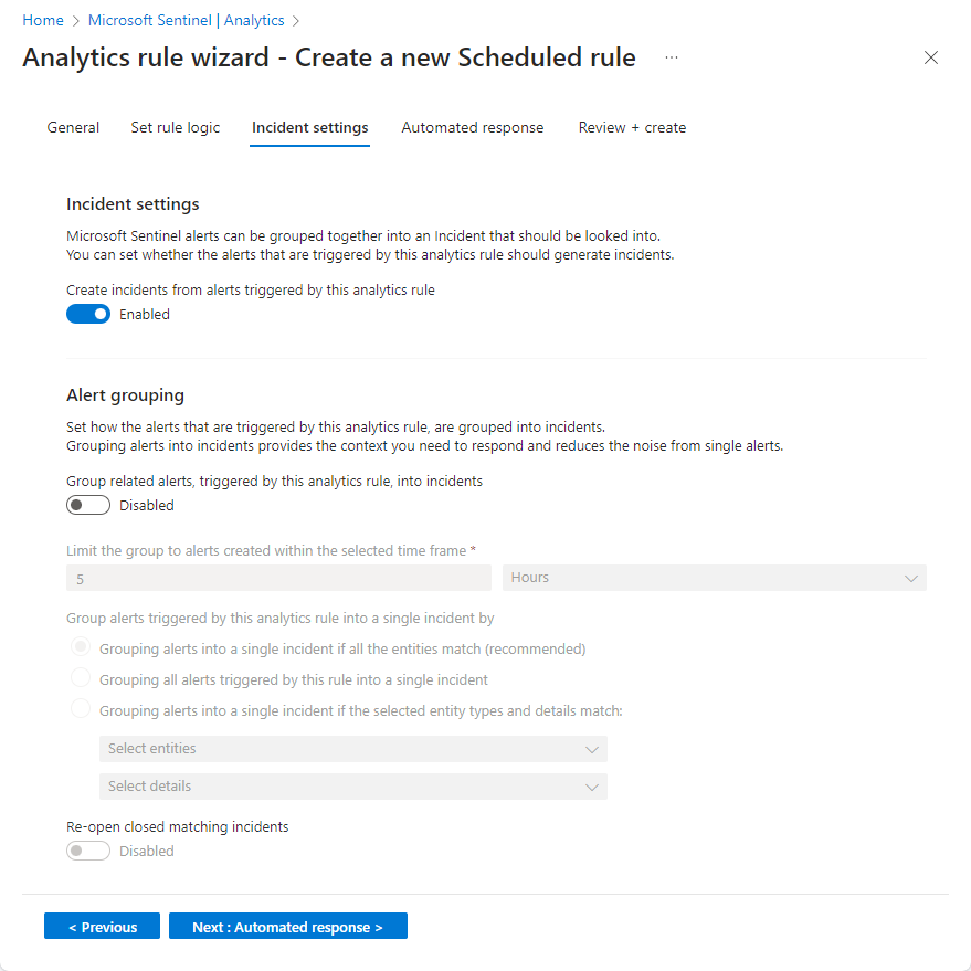 Screenshot des Bildschirms „Vorfalleinstellungen“ des Assistenten für Analyseregel im Azure-Portal.