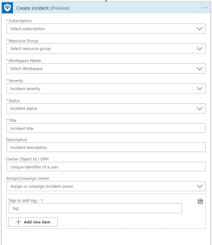 Screenshot der Aktionsparameter zur Erstellung von Vorfällen im Microsoft Sentinel-Connector.