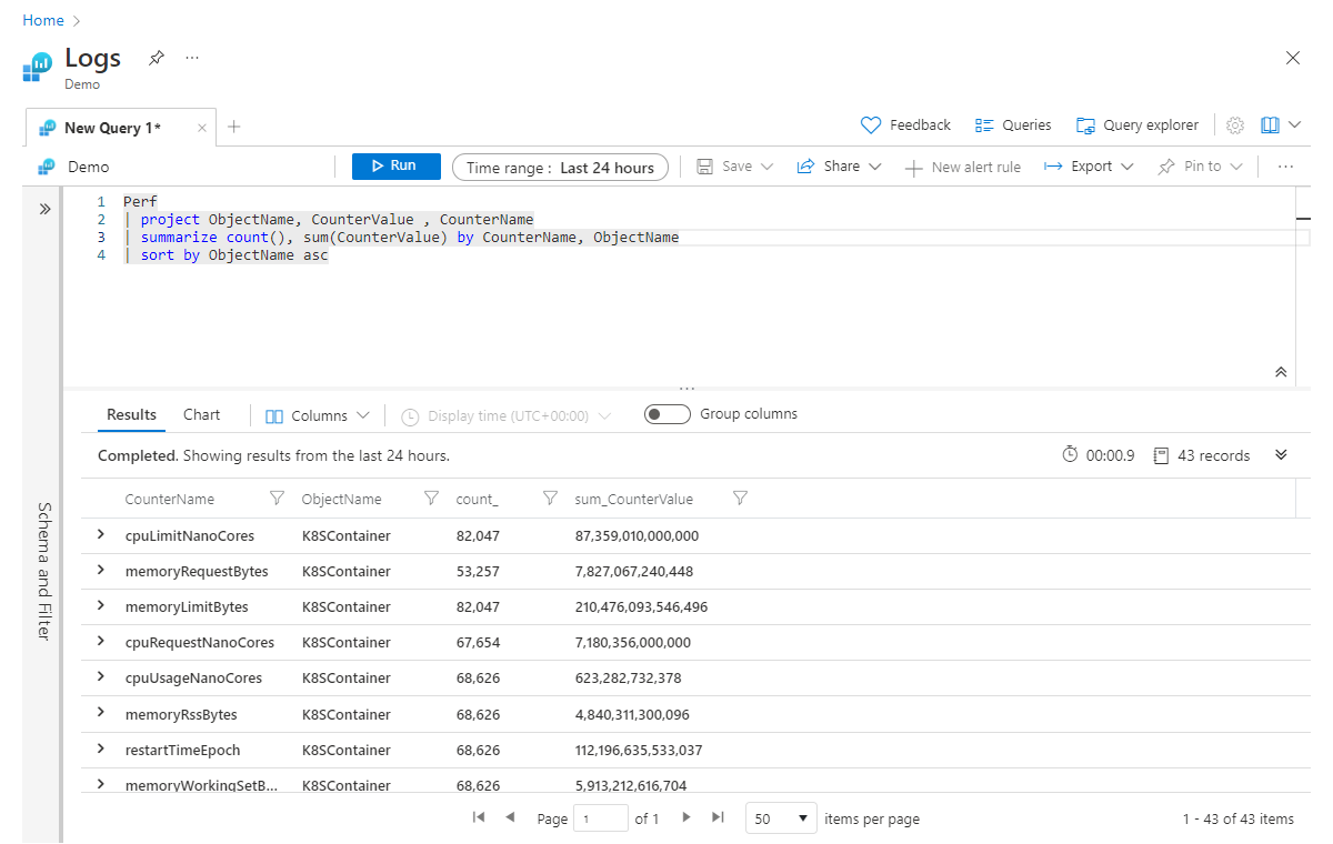 Screenshot der Ergebnisse des „summarize“-Operators mit mehreren Aggregationen.