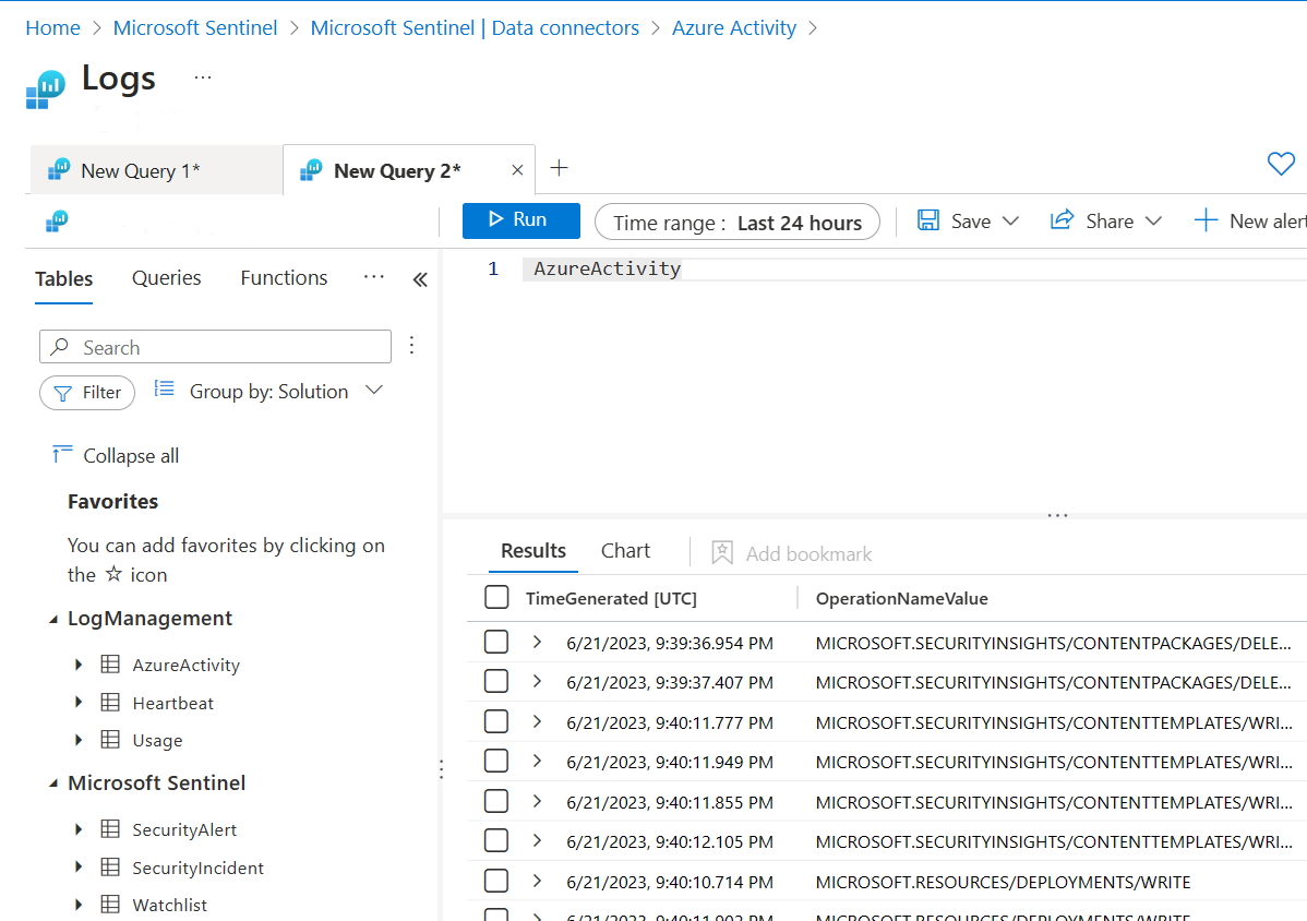 Screenshot des Protokollabfragefensters mit Ergebnissen zur Azure Activity-Abfrage.