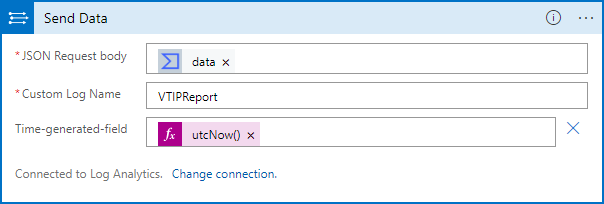 Screenshot: Aktion zum Senden eines Virus Total-Berichtsdatensatzes an eine Tabelle in Log Analytics.