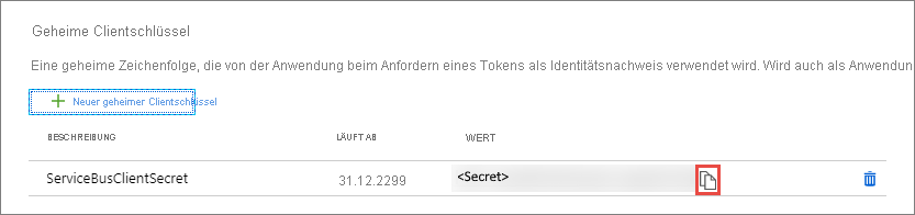 Screenshot zeigt den Abschnitt „Geheime Clientschlüssel“ mit dem von Ihnen hinzugefügten Geheimnis.