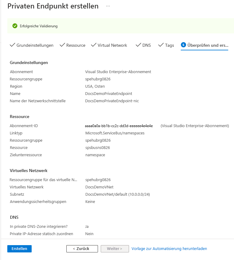 Screenshot: Seite „Überprüfen und erstellen“ des Assistenten zum Erstellen eines privaten Endpunkts.