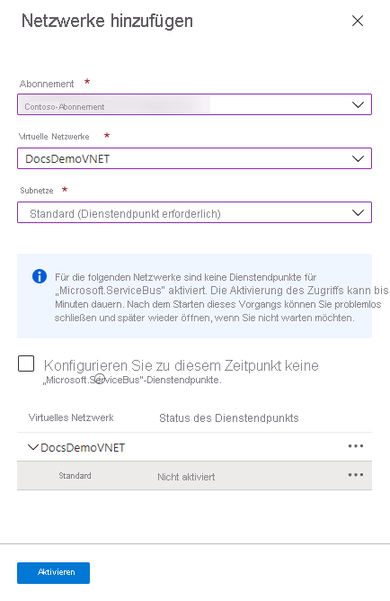 Screenshot: Auswahl des virtuellen Netzwerks und des Subnetzes