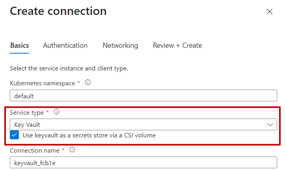 Screenshot des Azure-Portals: Aktivieren des CSI-Treibers für Key Vault beim Erstellen einer Verbindung.