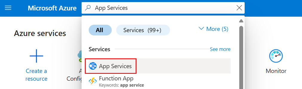 Screenshot: Azure-Portal: Auswählen von „App Services“