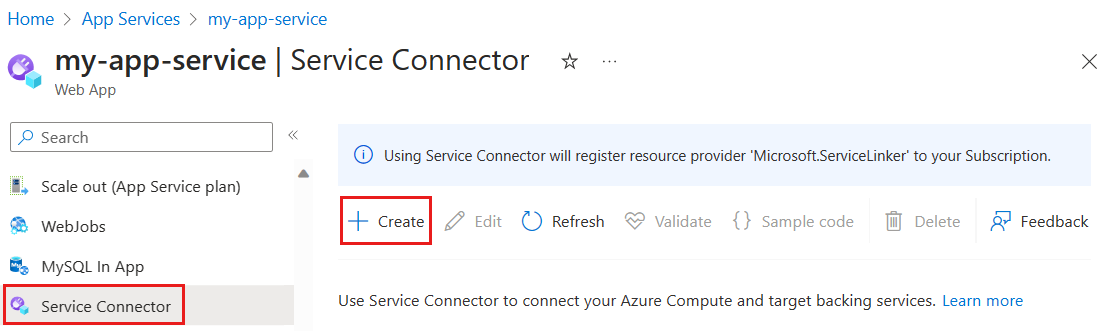 Screenshot des Microsoft Azure-Portal, Auswahl von Service Connector und Erstellen einer neuen Verbindung.