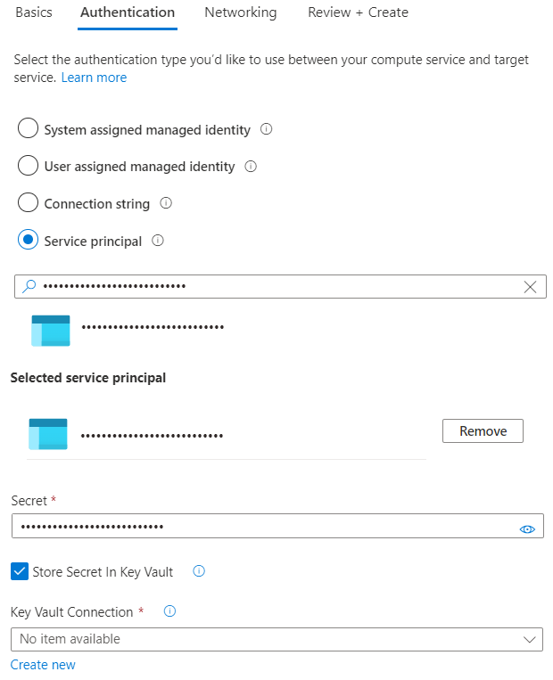 Screenshot des Azure-Portals mit Standardauthentifizierungskonfiguration zur Authentifizierung mit einem Dienstprinzipal.