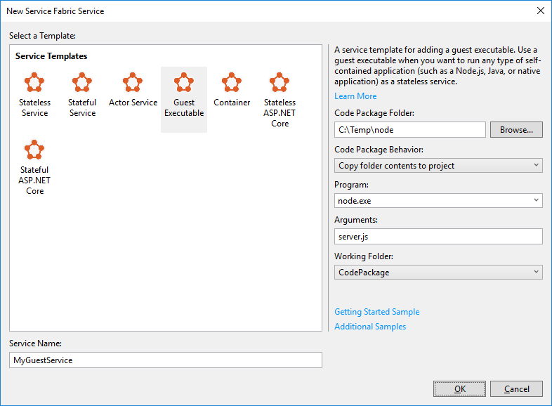 Dialogfeld „Neuer Dienst“ in Visual Studio