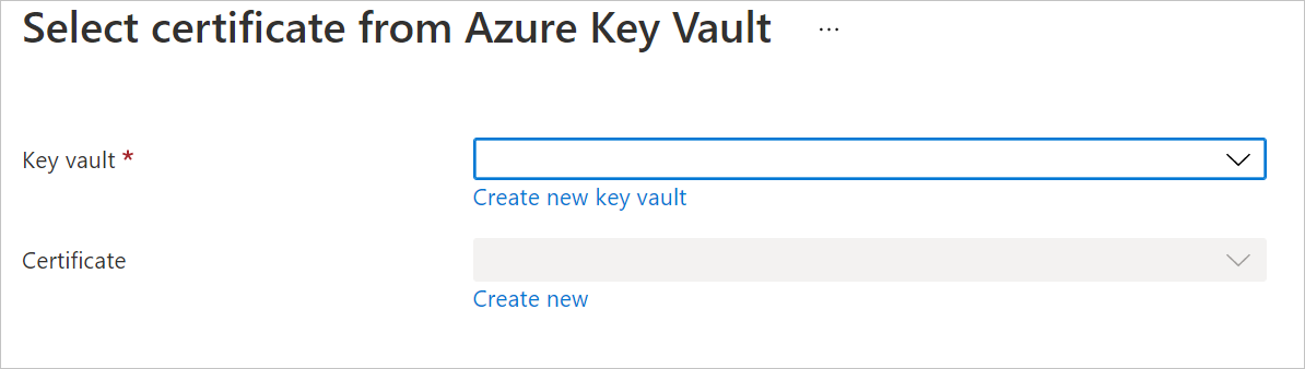 Screenshot: Azure Key Vault und Zertifikatdropdownmenüs, PNG.