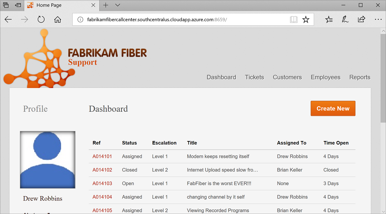 Screenshot der Startseite der Fabrikam Fiber CallCenter-Anwendung, die auf dem lokalen Host läuft. Die Seite zeigt ein Dashboard mit einer Liste von Supportanrufen.