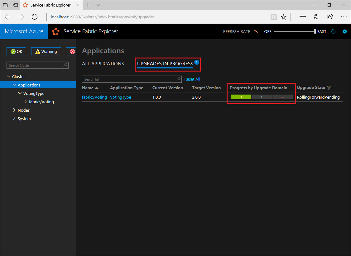 Upgradeansicht im Service Fabric Explorer