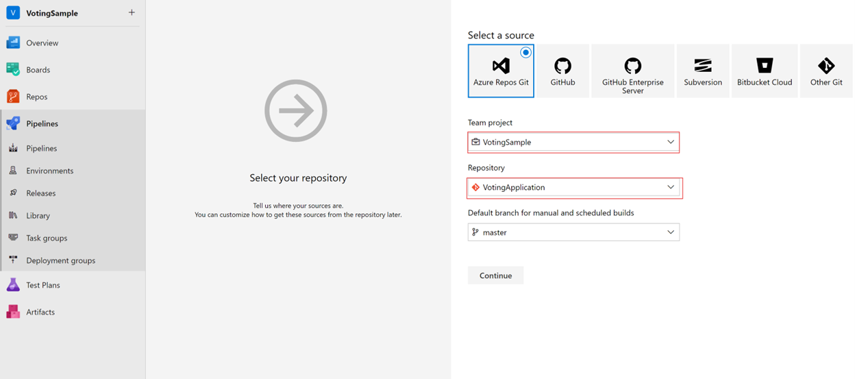 Screenshot der Auswahl des Repositorys in Azure DevOps.